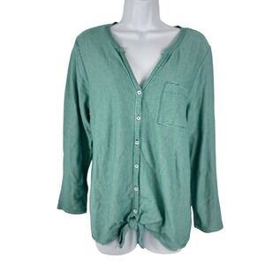 St Johns Bay Top Women's Large‎ Petite Green Kint LS Button V-Neck Ribbed